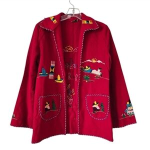 LOPEZ Vtg Vibrant Red Embroidered Jacket 100% Wool‎ Size S/M Art To Wear